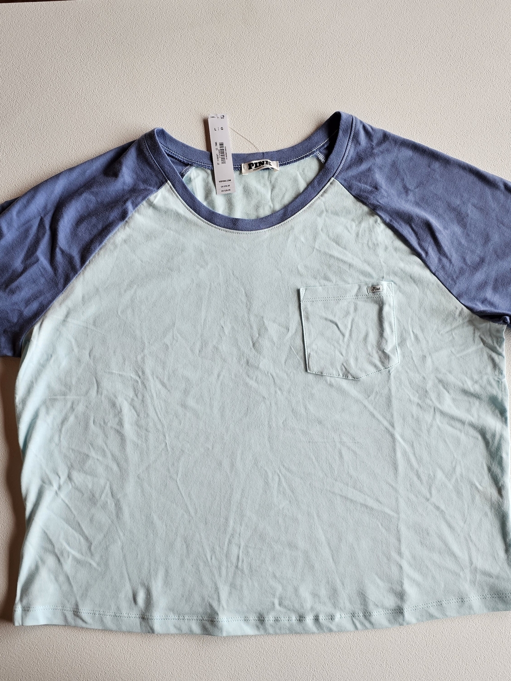 PINK Victoria's Secret Short Sleeve Large Raglan Pocket Tee - Light Blue & Blue
